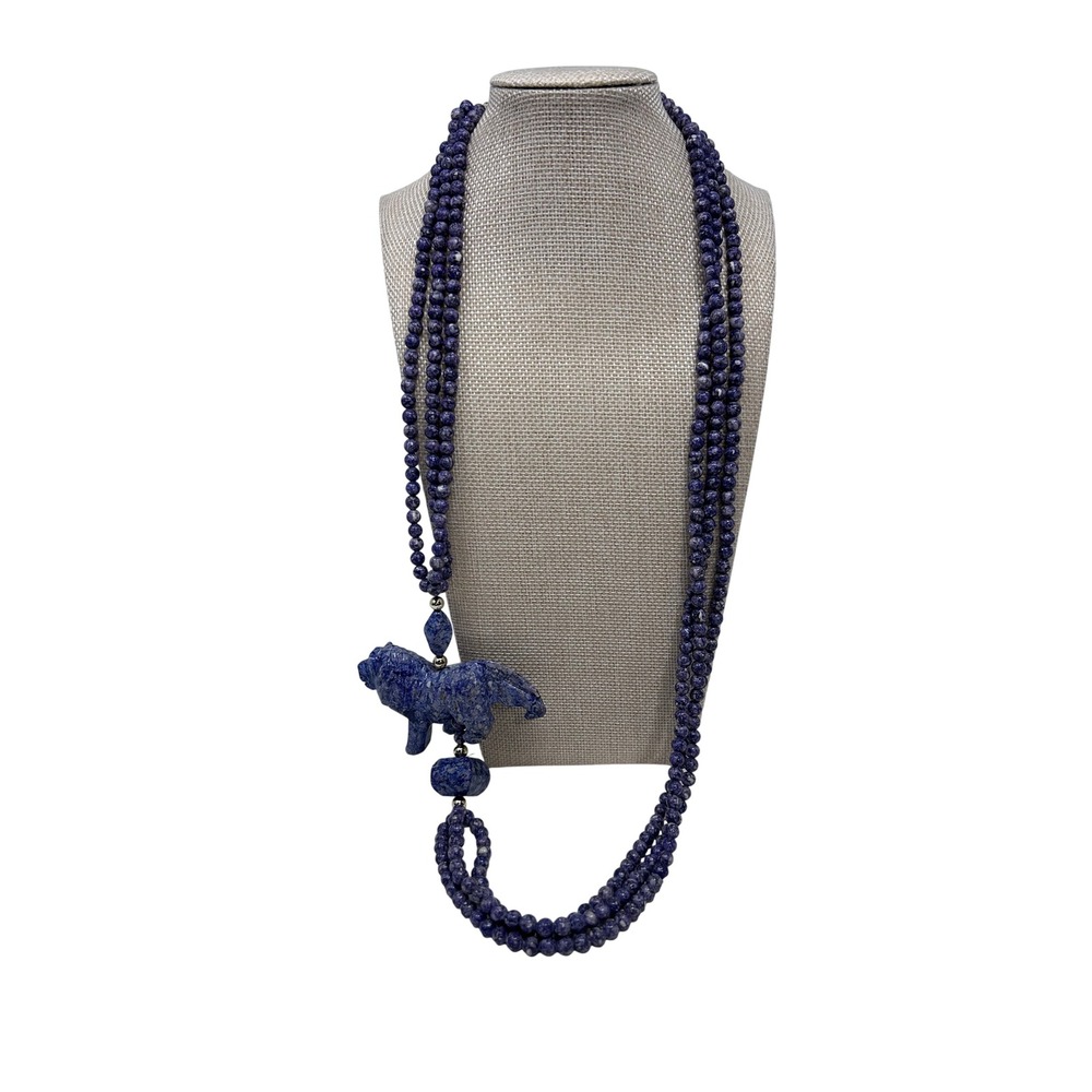 Large Purple Impression Jasper Carved Lion Necklace 32" Triple Strand Statement